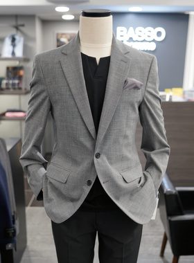0410春折扣款BASSO灰色小格纹男士日常休闲男士西服西裤可配套装