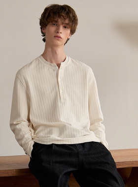 0101秋季新款Mind Bridge白色棉混纺男士微弹力宽松条纹长袖T恤