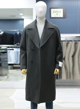 0101冬款BON卡其绿色羊毛羊绒混纺鹅绒内里插肩袖宽松毛呢大衣男