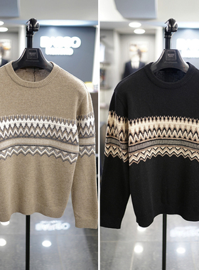 0130冬新款BASSO黑色圆领套头提花羊毛混纺男士休闲长袖针织衫