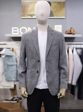 0501夏款BON黑色英伦格纹微弹力两粒单排扣男士休闲西服上衣外套