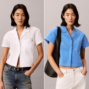 2026年夏季新款Calvin Klein韩版女士白色蓝色翻领纯棉短袖衬衫