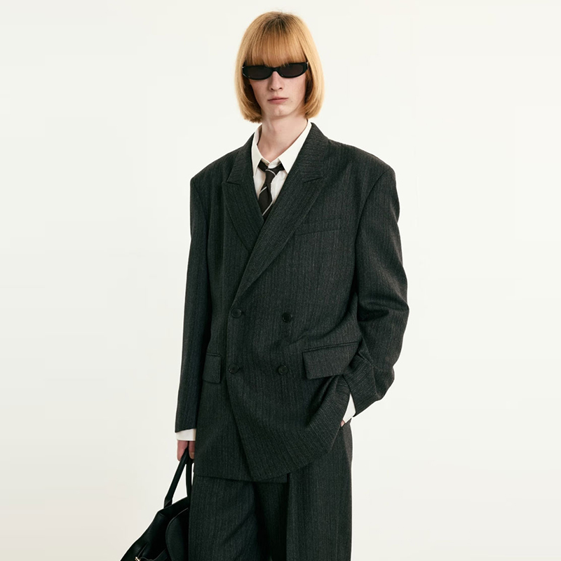 秋TNGT羊毛混纺条纹休闲西服上衣