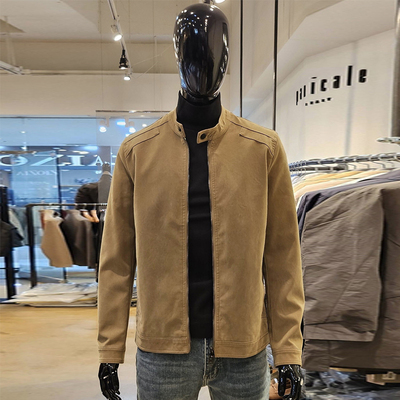 米色立领拉链仿皮皮衣