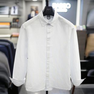 衬衫 0325春款 长袖 休闲男士 BASSO天蓝色细条纹棉麻混纺韩版