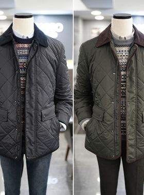 0130秋季新款BASSO卡其绿色灯芯绒翻领菱格夹男士棉棉衣外套2色