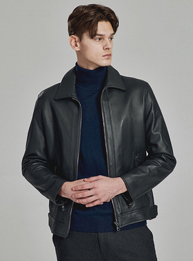 %国内现货韩国清仓特价春秋BASSO藏青色羊皮短款拉链皮衣夹克男士