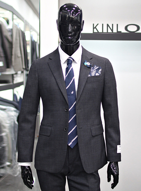 0301秋冬款KINLOCH炭灰色平驳领两粒单排扣男士羊毛混纺西服套装