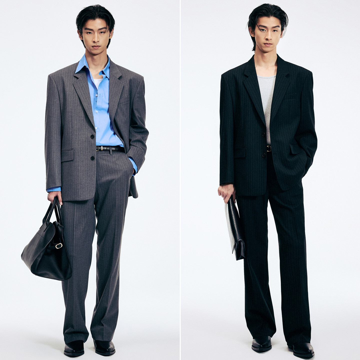 2026年春夏新款TNGT韩版男青年黑色细竖条纹休闲西服西裤可配套装