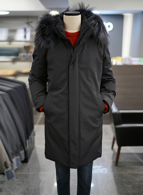 0101冬款BASSO黑色可拆卸狐狸大毛领鹅绒加厚中长款羽绒服