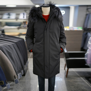 0130冬款BASSO黑色可拆卸狐狸大毛领鹅绒加厚中长款羽绒服