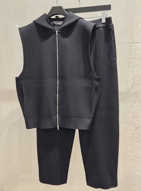 2025年秋新款TIME HOMME韩国代购高端男装黑色连帽拉链针织背心Q