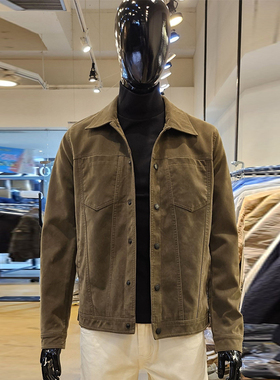 0101秋冬款PANICALE韩版卡其棕色翻领口袋按扣休闲仿皮皮衣外套