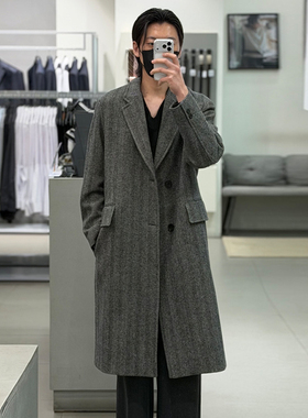 0120冬款liberclassy黑色翻领人字纹半夹棉羊毛中长款大衣