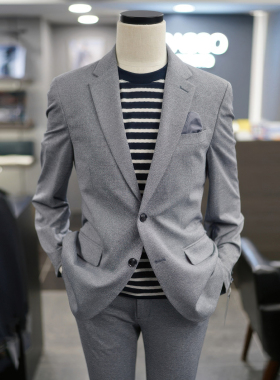 0610春款BASSO韩版男青年灰色+蓝色小格纹职业上班休闲西服套装