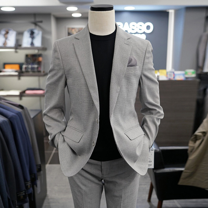 0520春款BASSO灰色63折羊毛混纺小格纹商务休闲西服套装加大190码