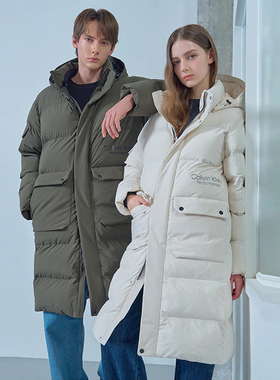 0301冬款Calvin Klein男女同款卡其绿色米色纯色连帽长款棉衣3色R
