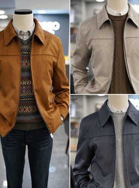 0130秋款BASSO浅灰色蓝灰色男士仿麂皮绒面拉链皮衣夹克3色