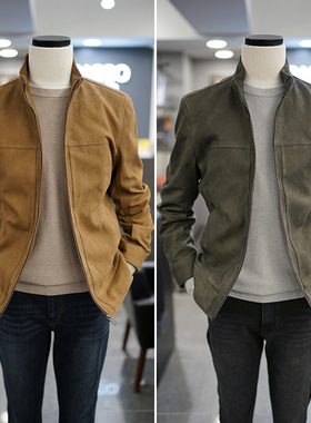 0101秋款BASSO意大利进口面料米色立领夹棉羊皮真皮夹克皮衣Q