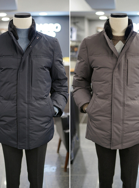 0101冬款BASSO灰色藏青色纯色立领可拆卸貂毛领保暖鹅绒羽绒服男