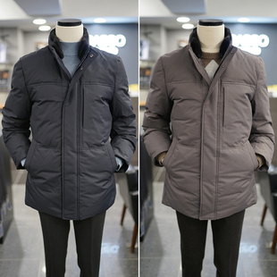 0130冬款BASSO灰色藏青色纯色立领可拆卸貂毛领保暖鹅绒羽绒服男
