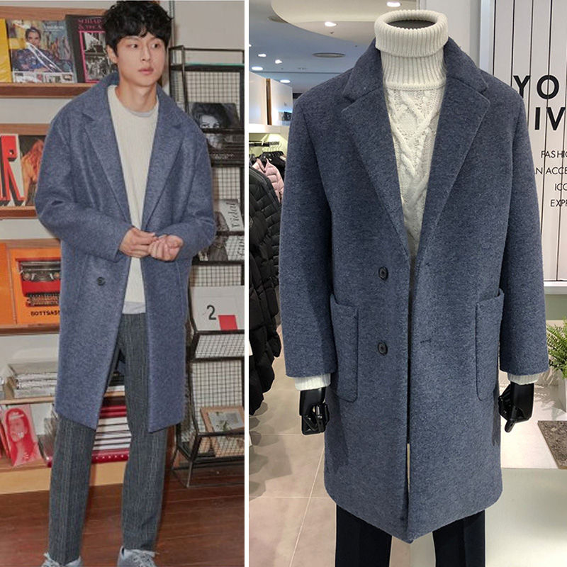 宝蓝色西装领双扣毛呢大衣男