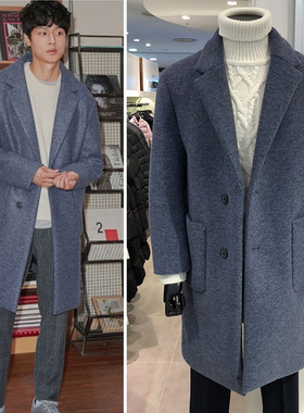 #国内现货175码韩国特价秋冬PROJECT M宝蓝色西装领毛呢大衣男士