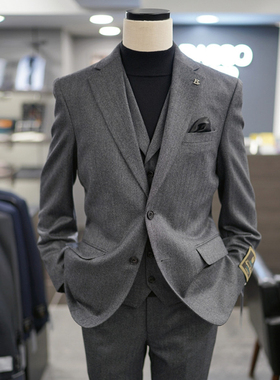 0301冬季新BASSO灰色人字纹纯羊毛商务宴会西服套装可配三件套