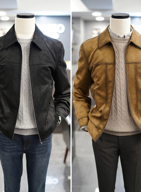0130秋装新BASSO纯色拼接设计仿皮绒面皮弹性翻领短款皮质夹克2色