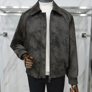 0120秋款Liberclassy深卡其绿色翻领复古仿皮皮衣外套男士