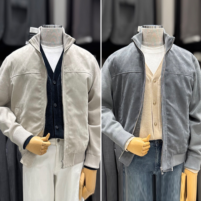 立领仿麂皮针织拼接袖拉链夹克