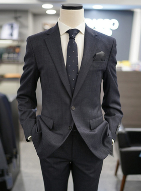 0130秋款BASSO炭灰色暗格纹羊毛混纺西服套装/可选修身版常规版