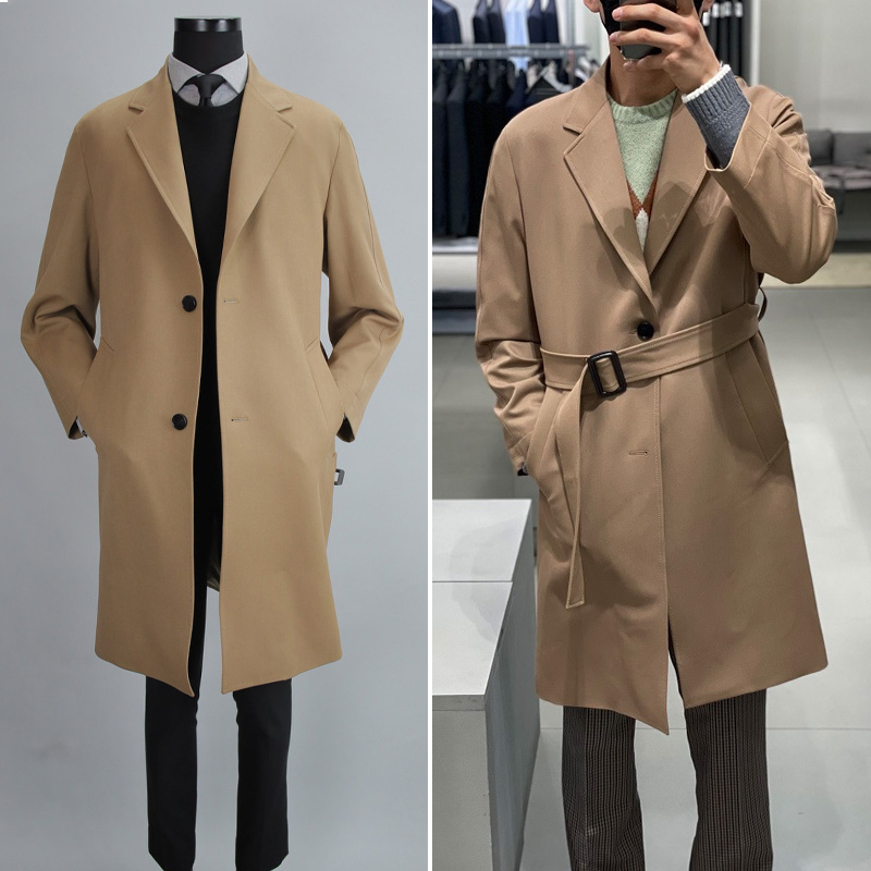 米色纯色大衣中长款风衣外套
