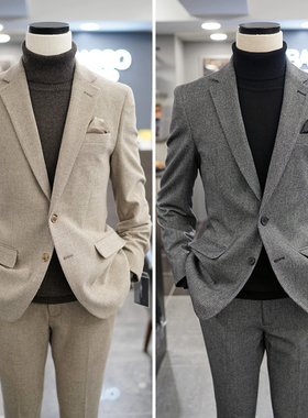 0130秋款BASSO米色黑色华夫格纹商务宴会休闲西服套装2色