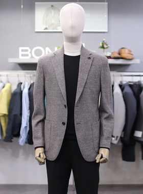 0501春款BON意大利进口面料灰色小格纹羊毛亚麻混纺休闲西服上衣