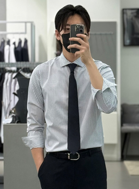 0120秋冬GARNET常规版白色灰色双条纹竖条纹弹力商务上班长袖衬衫