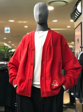 0322春款Liberclassy红色纯色棉质V领休闲长袖针织开衫男款