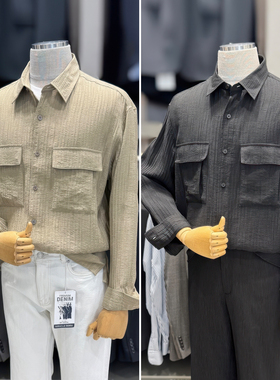 2026夏装新款ZIOZIA黑色翻领男士大口袋褶皱垂感凉爽休闲长袖衬衫