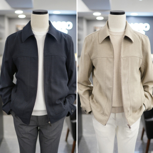 0325春款 BASSO米色藏青色纯色翻领拉链尺寸夹克外套2色男士