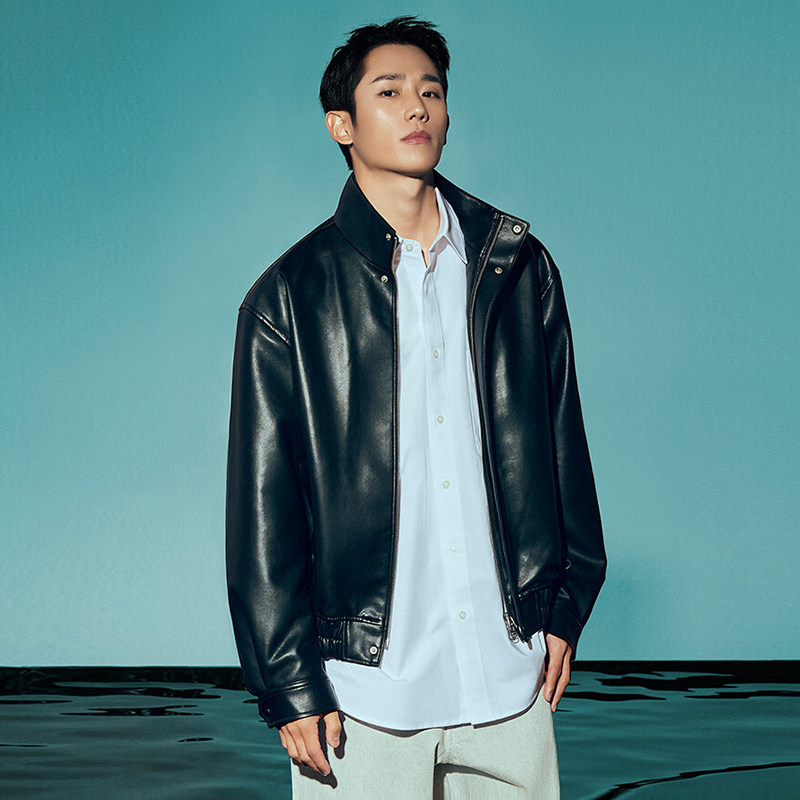 丁海寅韩国明星同款0530春mind bridge心桥立领拉链仿皮短款皮衣