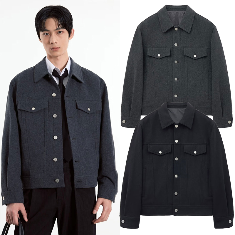 秋TNGT翻领羊毛混纺短款夹克外套