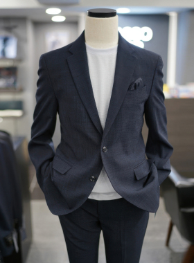 0610春款BASSO韩版男青年藏青色商务职业正装休闲西服套装两件套