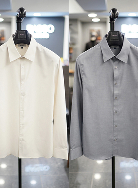 0130秋BASSO米色灰色细纹图案弹性弹力修身长袖衬衫男士衬衣3色