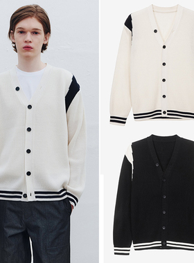 0320春款Mind Bridge心桥男士韩版乳白色拼色V领针织开衫