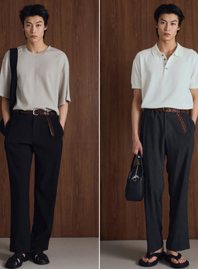 2026年夏季新款TNGT藏青色松紧腰男士泡泡纱褶皱垂感休闲裤九分裤