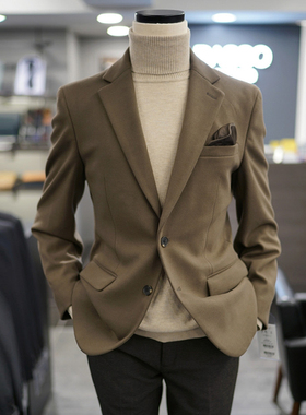 0301冬款BASSO棕色小格纹双开叉双扣商务休闲西服上衣男士