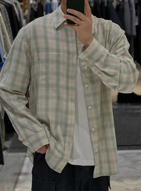 2025年秋新款SOLID HOMME韩版男装薄荷绿米色格纹纯棉长袖衬衫Q