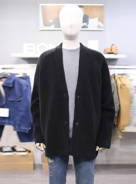 0101冬款BON黑色纯色棉混纺雪尼尔休闲宽松微弹长袖开衫外套男款