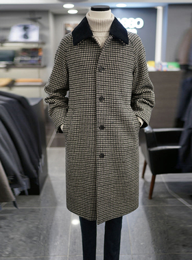 0130冬BASSO米色格纹可拆卸灯芯绒领子插肩袖羊毛混纺毛呢大衣