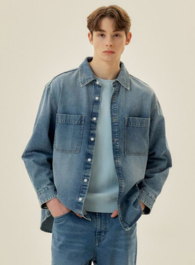 0320春Mind Bridge心桥蓝色翻领纯棉口袋溜肩牛仔衬衫式夹克外套
